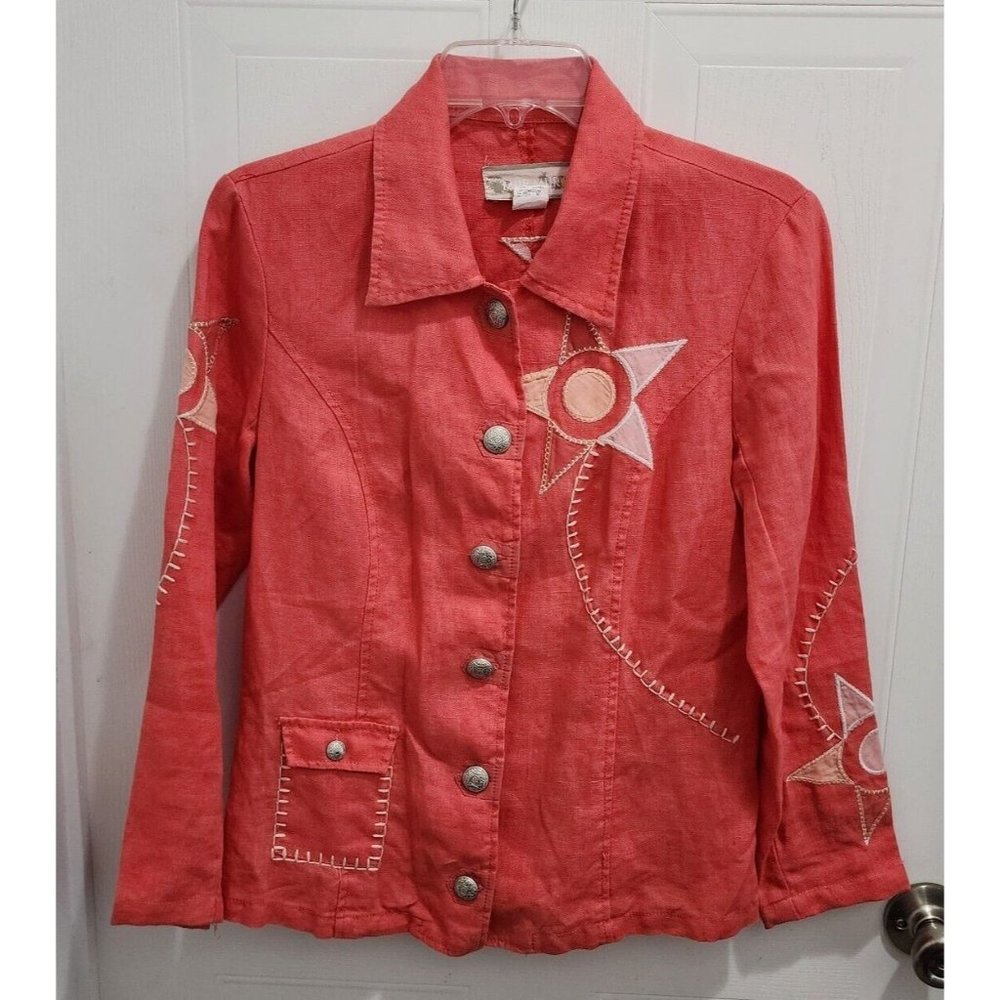 MurMur Women's Button Up Blazer Jacket 100% Linen Pink Embroidered Floral Size L